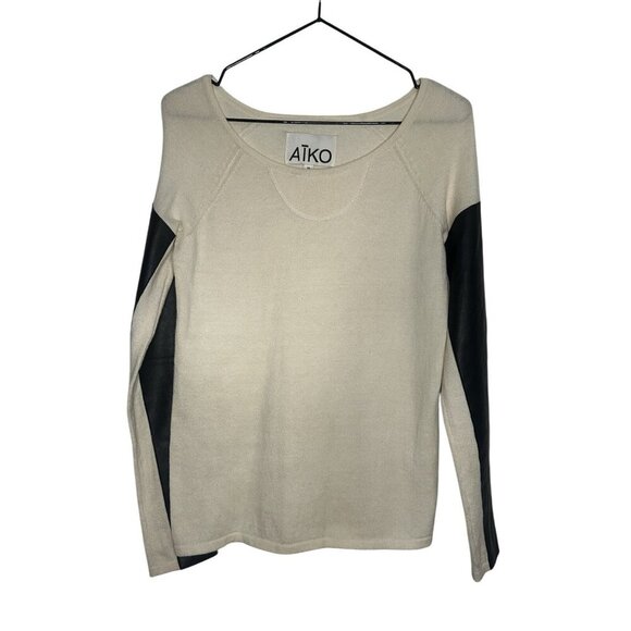 AIKO Kwan Cashmere Sweater Size XS Soft Sheep Leather Sleeves Bergdorf Goodman - Picture 1 of 7
